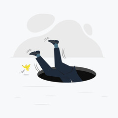 Vector businessman sliding with banana peel and fell into a hole. Failure or mistake concept illustration