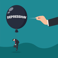 Vector hand pushing the needle to pop depression balloon illustration