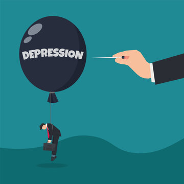 Vector hand pushing the needle to pop depression balloon illustration