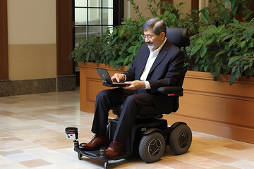 A man sitting in a chair using a laptop. Generative AI.