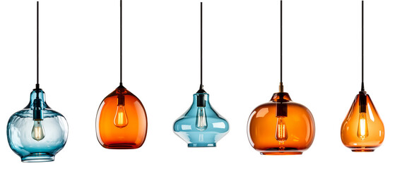 Group of colorful modern glass pendant lights. Created using generative AI.