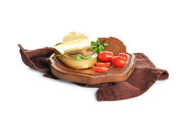 Board of canned smoked sprats with tomatoes and bread on white background