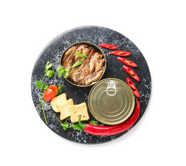 Board of canned smoked sprats with parsley and chilli on white background