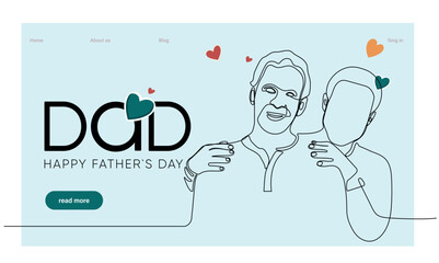 Hugs of a father with a child. One continuous line drawing banner, background, poster with family embrace. Happy Father Day simple vector illustration of child and father. Vector illustration
