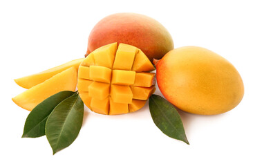 Fresh ripe mangoes on  white background