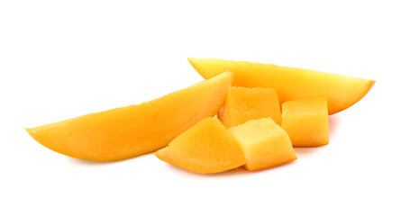 Pieces of fresh ripe mango on  white background