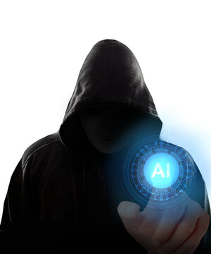 Dark hacker  man with black hoodie white background 