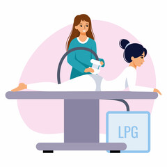Young woman does lpg massage. Care for beauty and youth of body. Cosmetic procedure for slimness. Beauty salons.