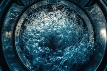 Washing machine drum with clean water flow and splashes. Laundry, washing powder concept. AI generated, human enhanced