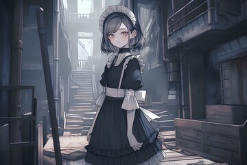 a cute girl in a maid costume standing in a city street, in the style of cyberpunk manga. japanese anime style illustration. generative AI