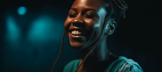 Portrait of a african woman with dreadlocks smiling at the camera in a studio. AI generated, human enhanced