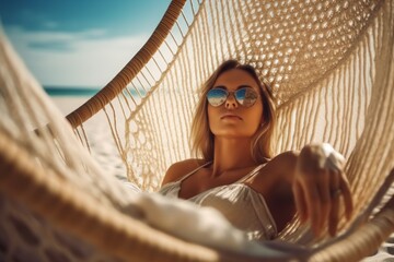 Happy woman sunbathes in a hammock on the beach. Travel concept. AI generated, human enhanced