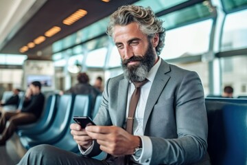 Male businessman with smartphone in airport lounge. AI generated, human enhanced.