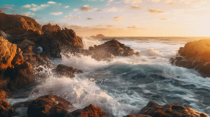 Obraz premium sunset over the sea crashing waves on rocks 