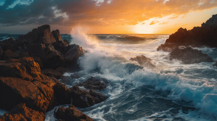 Fototapeta na wymiar sunset over the sea crashing waves on rocks 