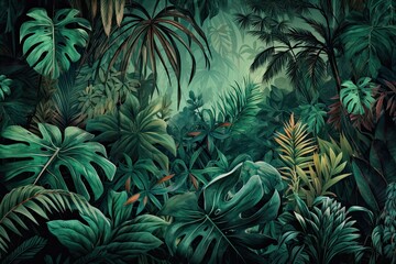 Fototapeta na wymiar A Colourful Tropical Jungle Nature Wallpaper for a Green Background Art. Generative AI