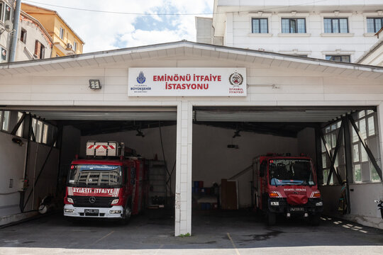 ISTANBUL, TURKEY - MAY 22, 2022: Turkish firetrucks from the itfaiye, the official fire brigade from the republic of Turkey in the Eminonu Fire station. They are in charge of emergency intervention.
