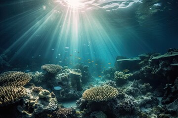Underwater Paradise: Mesmerizing Tropical Coral Reef with Exotic Fish Swimming in Light Beams: Generative AI