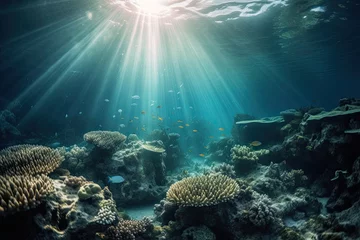 Foto op Aluminium Underwater Paradise: Mesmerizing Tropical Coral Reef with Exotic Fish Swimming in Light Beams: Generative AI © AIGen