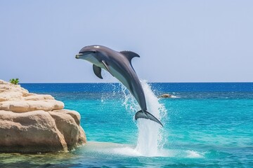 dolphin jumping out of water, dolphin jumping in the water - obrazy, fototapety, plakaty