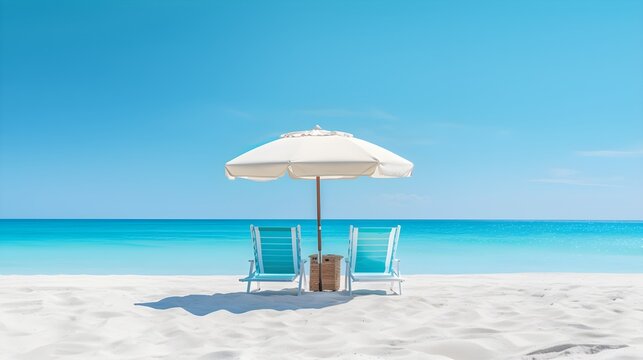 Beautiful beach scene. Aqua blue chairs and umbrella travel tourism wide panorama background concept. Amazing beach landscape. copy space 
