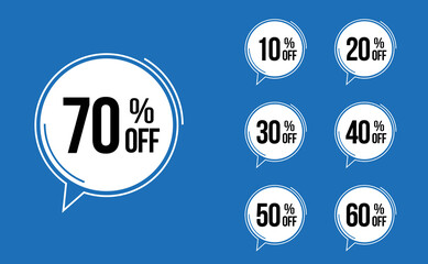Special offer discount label with different sale percentage. 10, 20, 30, 40, 50, 60, 70 percent off. price reduction emblem. promotion design badges sets vector illustration 
