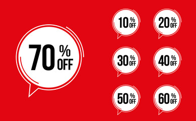 Special offer discount label with different sale percentage. 10, 20, 30, 40, 50, 60, 70 percent off. price reduction emblem. promotion design badges sets vector illustration 