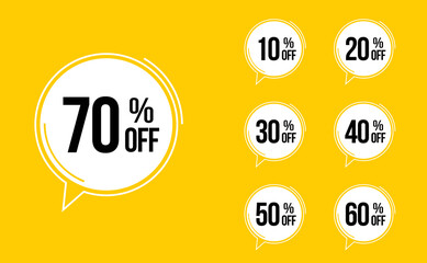 Special offer discount label with different sale percentage. 10, 20, 30, 40, 50, 60, 70 percent off. price reduction emblem. promotion design badges sets vector illustration 