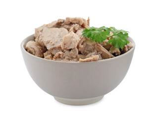 Bowl of tasty cod liver with parsley on white background