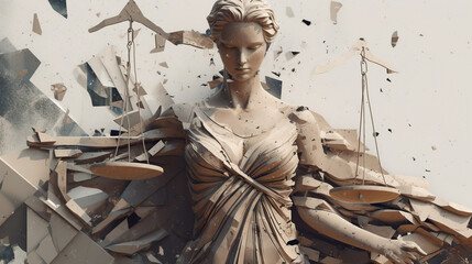 Illustration of broken justice. A statue of a woman holding a scale of justice. Generative AI.