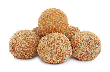 Many delicious sesame balls on white background