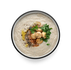 Delicious cream soup with mushrooms on white background, top view