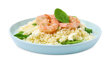 Plate of delicious couscous with shrimps and spinach isolated on white