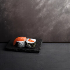 sushi on a black plate Generative AI.