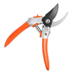 Secateurs with orange handles isolated on white, top view. Gardening tool