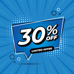 30 percent discount 30%OFF
Blue banner with floating balloon for promotions and offers.