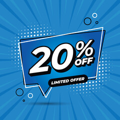 20 percent discount. 20%OFF
Blue banner with floating balloon for promotions and offers.