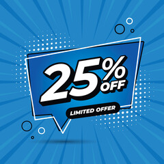 25 percent discount. 25%OFF
Blue banner with floating balloon for promotions and offers.