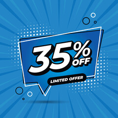 35 percent discount. 35%OFF
Blue banner with floating balloon for promotions and offers.