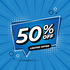 50 percent discount. 50%OFF
Blue banner with floating balloon for promotions and offers.