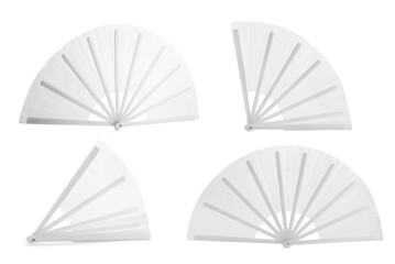 Collage with hand fan on white background
