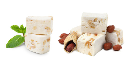 Delicious nougat, mint and peanuts on white background