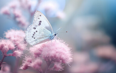 Romantic Pink Floral Background with Delicate Butterfly in Soft Light and Pastel Bokeh, generative AI