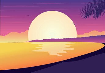 sunset over the sea. Beach at sunset. Sunset vector illustration