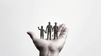 Mini figures family in hands on white background. Generative AI.