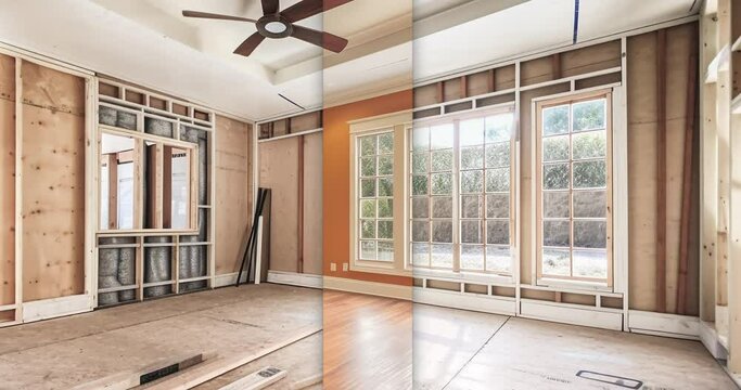 Pan and Zoom Transition Showing Before and After of Home Interior Under Construction to a Beautifully Renovated Living Room with Hardwood Floors and Moulding - Generative AI Images Used.