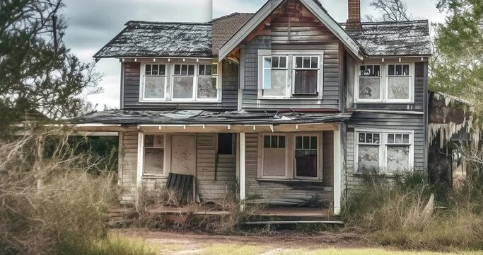 Pan and Zoom Transition Showing Before and After of Abandoned Dilapidated House and Property to a Beautiful Renovated House and Landscaping - Generative AI Images Used.