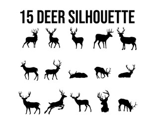 Fototapeta premium 15 Vector silhouette illustration multiple deer silhouettes in various poses, including grazing and jumping