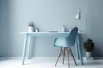 pastel blue minimalist office desk table. For a desk and workspace, keep it simple. template for a mockup. Up close. Generative AI