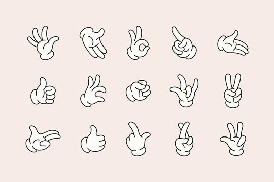 Retro Cartoon Hands Set in Different Gestures Showing Ok Sign, Pointing Fingers, Thumb Up, Rock sign, High Five. Vector